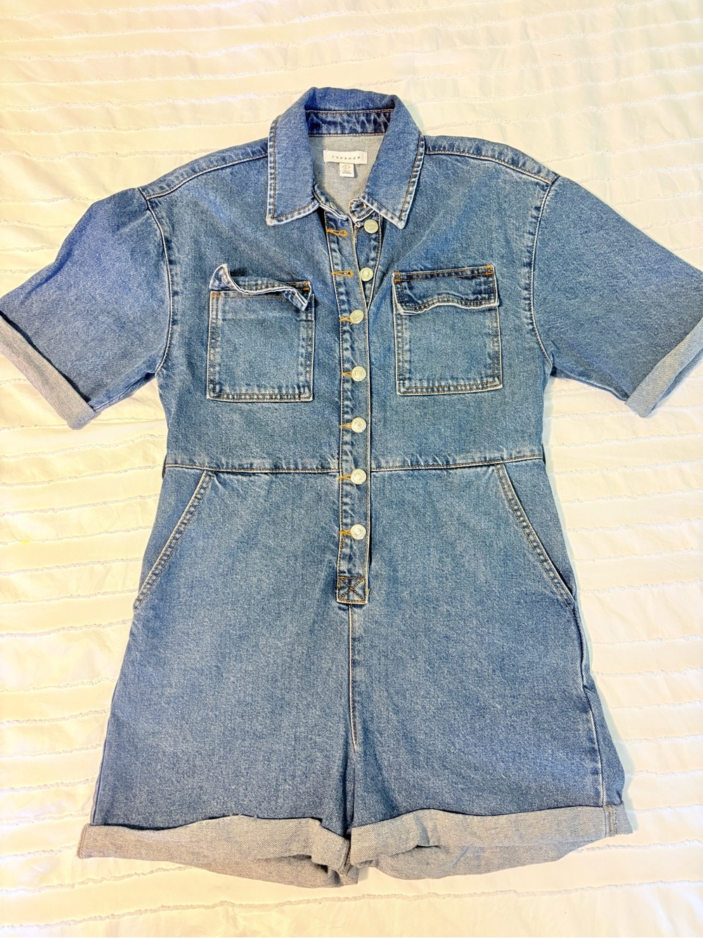 Topshop Denim Button-Front Romper with Pockets